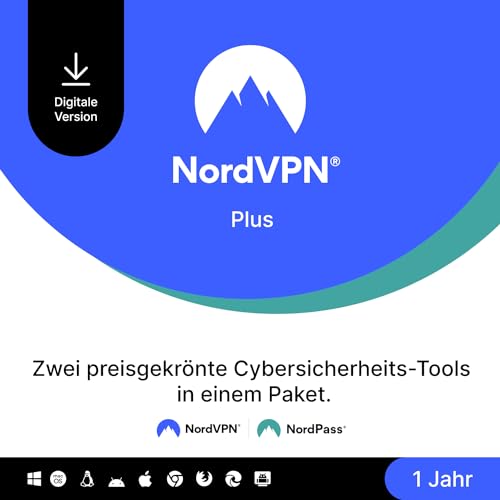 NordVPN Plus – 1 Jahr – VPN & Cybersicherheits-Softwarepaket – Persönliche Daten schützen, Passwörter sicher verwalten – PC/Mac/Mobile [Online Code] von NordVPN