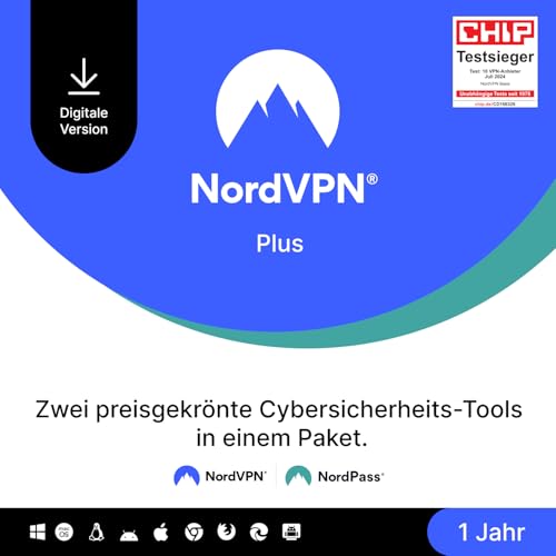 NordVPN Plus, 1 Jahr, VPN- und Passwort-Manager-Software-Bundle, Digitaler Code von NordVPN