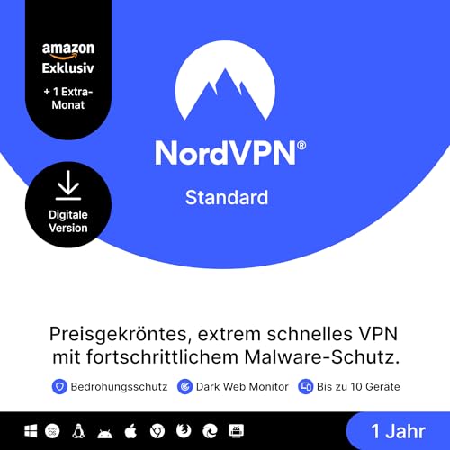NordVPN Standard – 1 Jahr + 1 Extra-Monat – VPN & Cyberssicherheits-Software für 10 Geräte – Schadsoftware blockieren, persönliche Infos schützen – PC/Mac/Mobile – Amazon Exklusiv [Online Code] von NordVPN