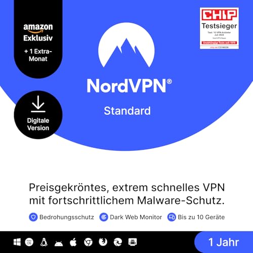 NordVPN Standard – 1 Jahr + 1 Extra-Monat – VPN & Cyberssicherheits-Software für 10 Geräte – Schadsoftware blockieren, persönliche Infos schützen – PC/Mac/Mobile – Amazon Exklusiv [Online Code] von NordVPN