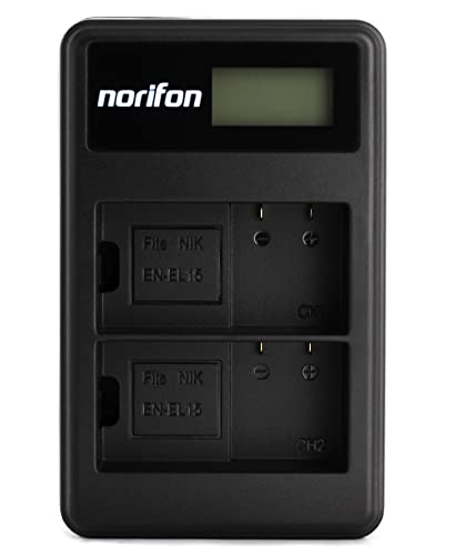 EN-EL15 Zweikanal LCD USB Ladegerät für Nikon 1 V1, D500, D600, D610, D7000, D7100, D7200, D750, D800, D800E, D810, D810A Kamera und Mehr von Norifon