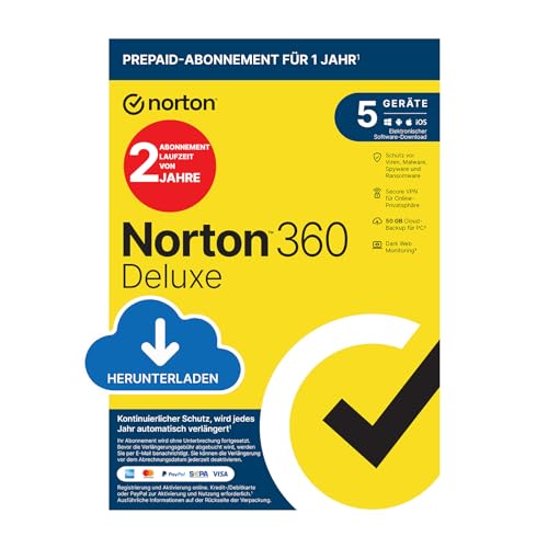 NORTON 360 Deluxe 2024 5 Geräte 1 Benutzer 2 Jahr Abonnement mit automatischer Verlängerung PC/Mac/Android/iOS Aktivierungscode per Email von Norton
