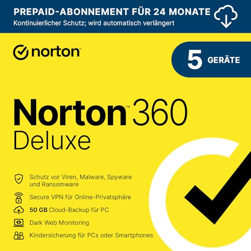 NORTON 360 Deluxe 2024 5 Geräte 1 Benutzer 2 Jahr Abonnement mit automatischer Verlängerung PC/Mac/Android/iOS Aktivierungscode per Email von Norton