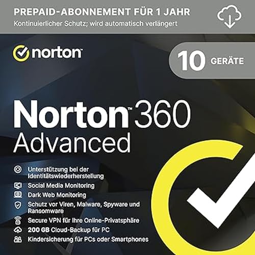 Norton 360 Advanced 2024 | 10 Geräte | Antivirus | Identitätsschutzfunktionen und Support | Secure VPN |1-Jahres-Abonnement mit Verlängerung | PC/Mac/Android/iOS | Aktivierungscode per Email von Norton