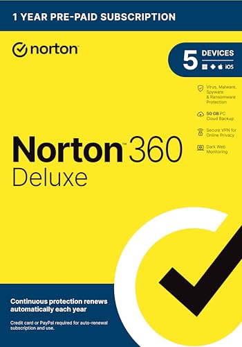 Norton 360 Deluxe, 2023 Ready, Antivirus-Software für 5 Geräte mit automatischer Erneuerung – inklusive VPN, PC Cloud Backup & Dark Web Monitoring [Schlüsselkarte] von Norton