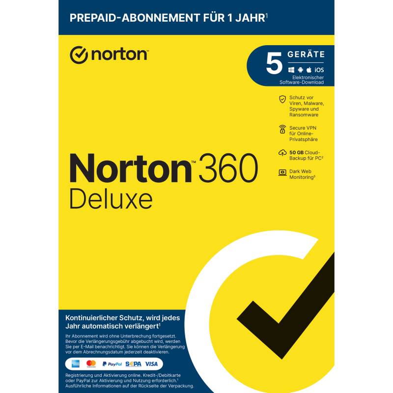 Norton 360 Deluxe + VPN [Virenschutz-Abo, 1. Jahr kostenlos] für 5 Geräte von Norton