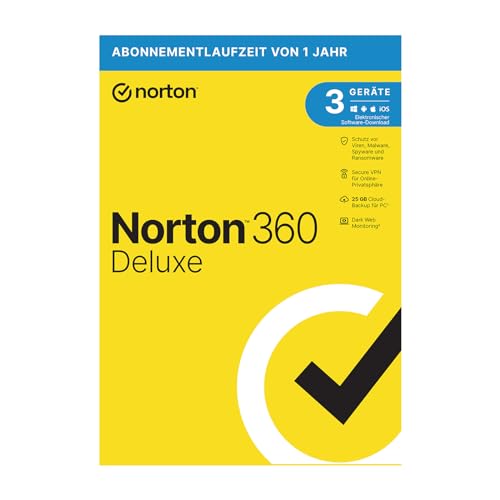 Norton 360 Deluxe 2022 | 3 Geräte | Antivirus | Unlimited Secure VPN und Passwort-Manager | 1 Jahr | PC/Mac/Android/iOS | Aktivierungscode in Originalverpackung von Norton