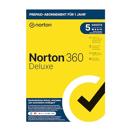 Norton 360 Deluxe 2022 | 5 Geräte | 1-Jahres-Abonnement mit Automatischer Verlängerung | Secure VPN und Passwort-Manager | PC/Mac/Android/iOS | Aktivierungscode in Originalverpackung von Norton