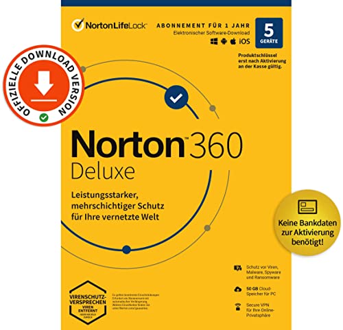 Norton 360 Deluxe 2025 | 5-Geräte | Antivirus | Unlimited Secure VPN | 1 Jahr | Passwort-Manager | PC/Mac/Android/iOS | Aktivierungscode per Email von Norton