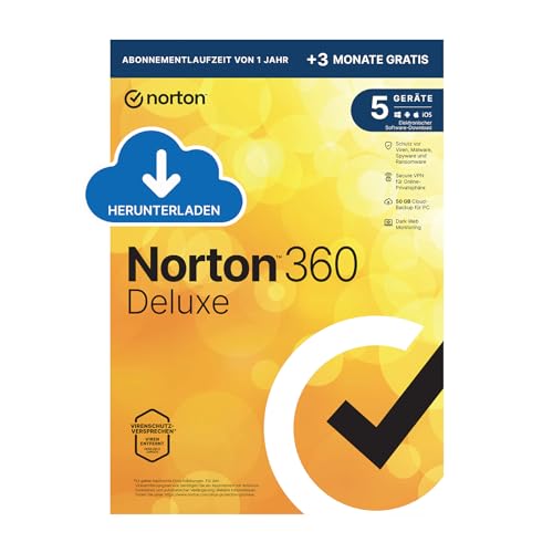 Norton 360 Deluxe 2024, 5 Geräte, Antivirus, Secure VPN, Passwort-Manager, 15-Monate-Abonnement, PC,Mac,Android,iOS, Aktivierungscode per Email von Norton