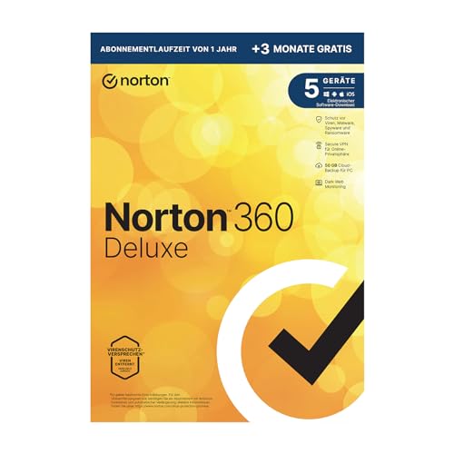 Norton 360 Deluxe 2024, Antivirus, Unlimited Secure VPN, Password Manager | 5 Geräte |15 Monate | PC/Mac/Android | Download | Aktivierungscode in Originalverpackung von Norton