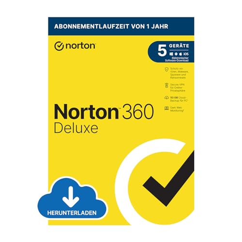 Norton 360 Deluxe 2024 | 5 Geräte | Antivirus | Secure VPN | Passwort-Manager | 1-Jahres-Abonnement | PC/Mac/Android/iOS | Aktivierungscode per Email von Norton