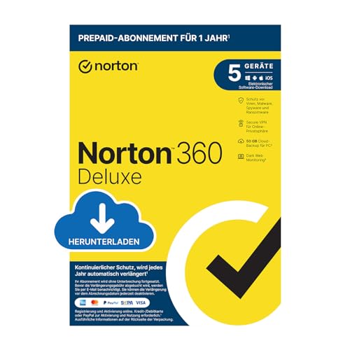 Norton 360 Deluxe 2024 | 5 Geräte | Antivirus | Secure VPN | Passwort-Manager | 1-Jahres-Abonnement mit Verlängerung | PC/Mac/Android/iOS | Aktivierungscode per Email von Norton