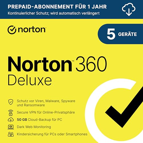 Norton 360 Deluxe 2024 | 5 Geräte | Antivirus | Secure VPN | Passwort-Manager | 1-Jahres-Abonnement mit Verlängerung | PC/Mac/Android/iOS | Aktivierungscode per Email von Norton