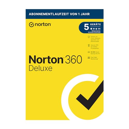 Norton 360 Deluxe 2024 | 5 Geräte | Antivirus | Unlimited Secure VPN & Passwort-Manager | 1 Jahr | PC/Mac/Android/iOS| Aktivierungscode in Originalverpackung von Norton
