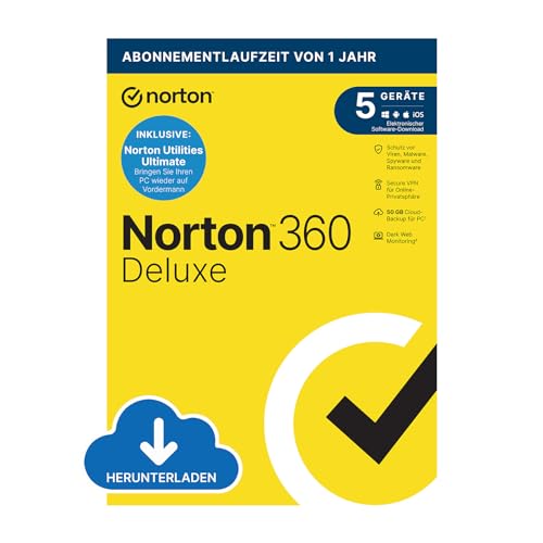 Norton 360 Deluxe inkl. Utilities Ultimate 2024 | 5 Geräte | 1-Jahres-Abonnement | PC/Mac/Android/iOS | Aktivierungscode per Email von Norton