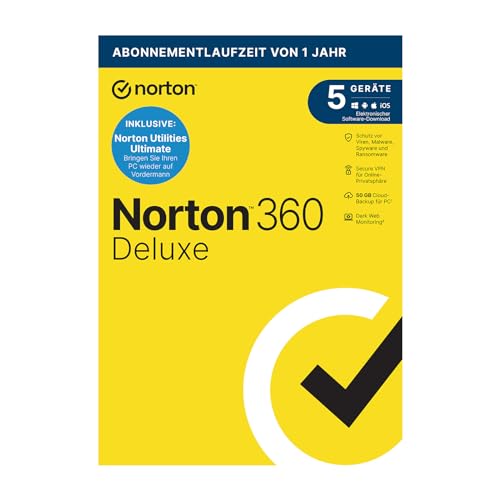 Norton 360 Deluxe inklusive Utilities Ultimate 2024, 5 Geräte, 1-Jahres-Abonnement, PC/Mac/Android/Ios, Aktivierungscode in Originalverpackung von Norton