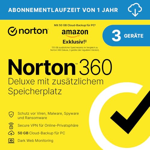 Norton 360 Deluxe mit extragroßer Backup-Kapazität – Amazon Exklusiv* 25GB zusätzlicher Cloud-Backup Speicher. Antivirus Software für 3 Geräte und einem Jahr Laufzeit von Norton