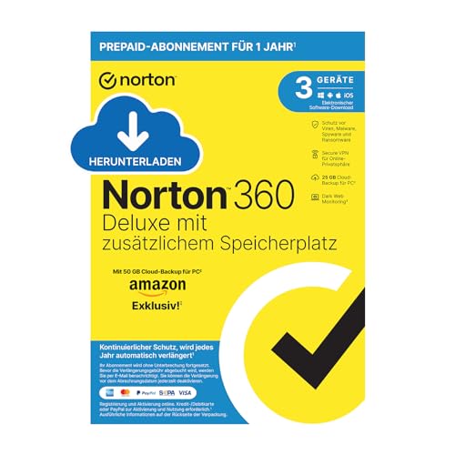 Norton 360 Deluxe mit extragroßer Backup-Kapazität – Amazon Exklusiv* 25GB zusätzlicher Cloud-Backup Speicher. Antivirus Software für 3 Geräte und einem Jahr Laufzeit von Norton