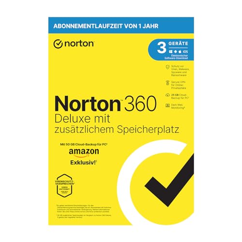 Norton 360 Deluxe mit extragroßer Backup-Kapazität – Amazon Exklusiv* 25GB zusätzlicher Cloud-Backup Speicher. Antivirus Software für 3 Geräte und einem Jahr Laufzeit von Norton