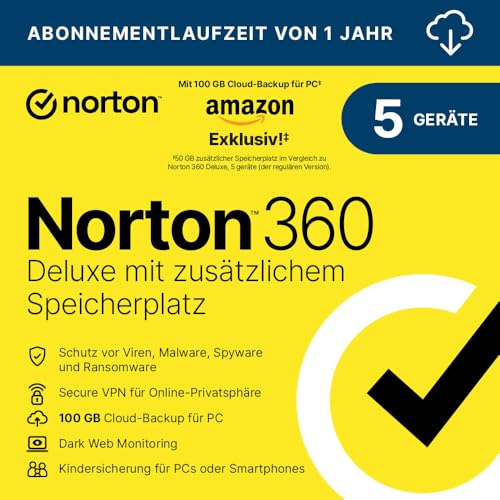 Norton 360 Deluxe mit extragroßer Backup-Kapazität – Amazon Exklusiv* 50GB zusätzlicher Cloud-Backup Speicher. Antivirus Software für 5 Geräte und einem Jahr Laufzeit von Norton