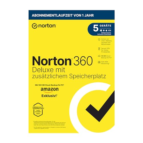 Norton 360 Deluxe mit extragroßer Backup-Kapazität – Amazon Exklusiv* 50GB zusätzlicher Cloud-Backup Speicher. Antivirus Software für 5 Geräte und einem Jahr Laufzeit von Norton