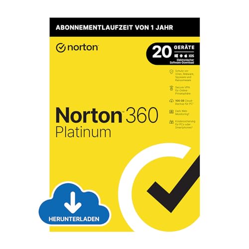 Norton 360 Platinum 2024, 20 Geräte, Antivirus, Secure VPN, Passwort-Manager, 1-Jahres-Abonnement, PC,Mac,Android,iOS, Aktivierungscode per Email von Norton