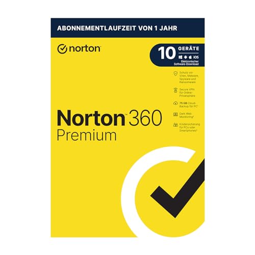 Norton 360 Premium 2022 | 10 Geräte | Antivirus | Unlimited Secure VPN & Passwort-Manager | 1 Jahr | PC/Mac/Android/iOS | Aktivierungscode in Originalverpackung von Norton