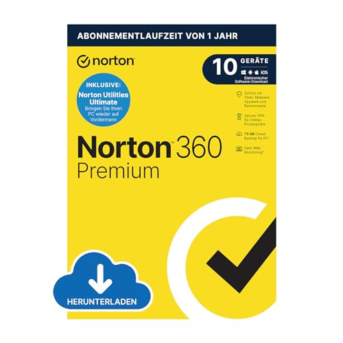 Norton 360 Premium 2024, Premium + Utilities Ultimate,10 Geräte, Antivirus, Secure VPN, 1-Jahres-Abonnement, PC,Mac,Android,iOS, Aktivierungscode per Email von Norton