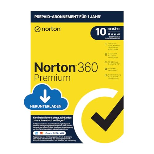 Norton 360 Premium 2024 | 10 Geräte | Antivirus | Secure VPN | Passwort-Manager |1-Jahres-Abonnement mit Verlängerung | PC/Mac/Android/iOS | Aktivierungscode per Email von Norton