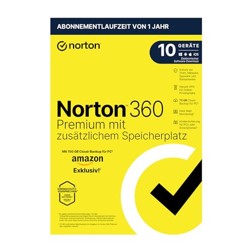 Norton 360 Premium mit extragroßer Backup-Kapazität – Amazon Exklusiv* 75GB zusätzlicher Cloud-Backup Speicher. Antivirus Software für 10 Geräte und einem Jahr Laufzeit von Norton