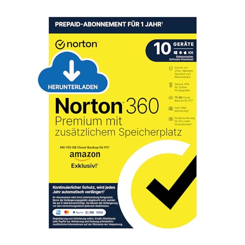 Norton 360 Premium mit extragroßer Backup-Kapazität – Amazon Exklusiv* 75GB zusätzlicher Cloud-Backup Speicher. Antivirus Software für 10 Geräte und einem Jahr Laufzeit von Norton