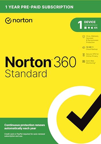 Norton 360 Standard, 2023 Ready, Antivirus Software für 1 Gerät mit Auto Renewal - Inklusive VPN, PC Cloud Backup & Dark Web Monitoring [Schlüsselkarte] von Norton
