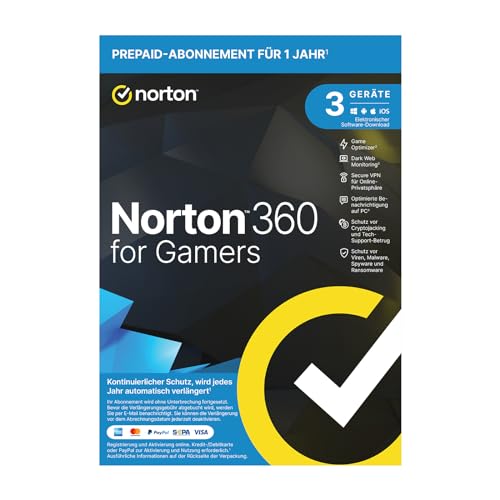 Norton 360 for Gamers 2025, Cybersicherheit für PC-Gamer, Abonnement mit automatischer Verlängerung | 3 Geräte | 1 Jahr | PC/Mac/Android | Download | Aktivierungscode in Originalverpackung von Norton