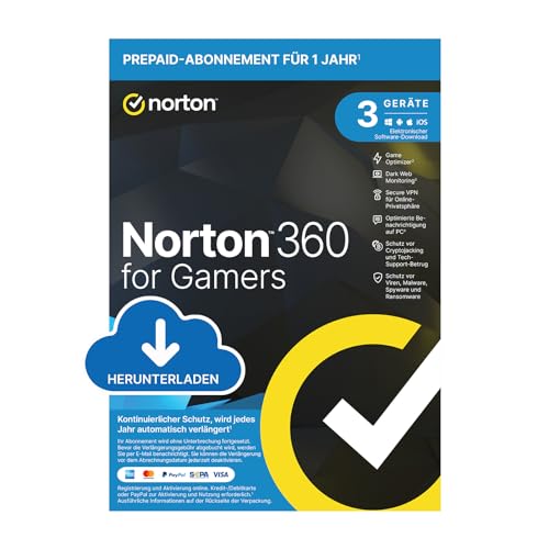 Norton 360 for Gamers 2024, 3 Geräte,Cybersicherheit für Gamer, 1-Jahres-Abonnement mit Verlängerung , PC/Mac/Android/iOS, Aktivierungscode per Email von Norton