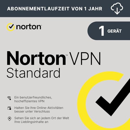 Norton VPN Standard 2025 | 1 Geräte | 1-Jahres-Abonnement | PC/Mac/Android/iOS | Aktivierungscode per Email von Norton