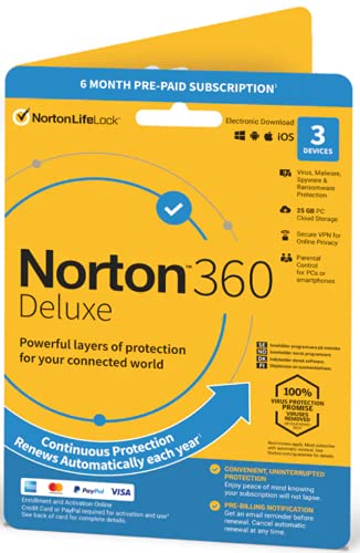 Norton 360 Deluxe 2021 3 Geräte 6 Monate VPN 25GB Cloudspeicher ABO mit automatischer Verlängerung Original Verpackung von NortonLifeLock Inc.
