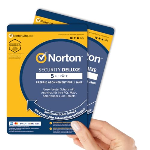 2 Stück - Norton Security Deluxe 5 Geräte / 1 Jahr - 2024 / 2025 【OHNE ABO】 Inklusive Antiviren Software - für Windows, Mac, Android, iOS - PKC von NortonLifeLock