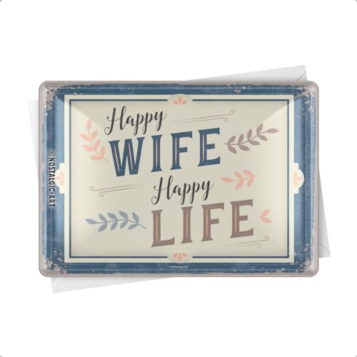 Nostalgic-Art Retro Blechpostkarte, 10 x 14 cm, Happy Wife Happy Life – Geschenk-Idee mit tollem Spruch, Postkarte aus Metall, Mini-Blechschild als Grußkarte von Nostalgic-Art