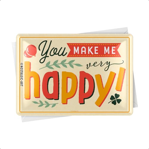 Nostalgic-Art Retro Blechpostkarte, 10 x 14 cm, You Make Me Happy – Geschenk-Idee mit tollem Spruch, Postkarte aus Metall, Mini-Blechschild als Grußkarte von Nostalgic-Art