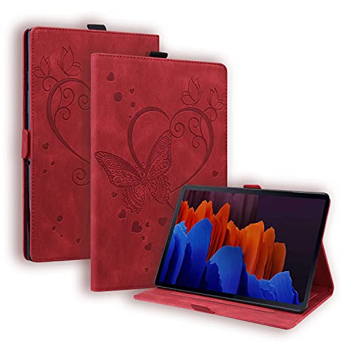 Nothers DodoBuy Hülle für Samsung Galaxy Tab S7+ Plus, Schmetterling Herz Muster Magnetische Flip Smart Cover PU Leder Schutzhülle Tasche Brieftasche Wallet Case Ständer - Rot von Nothers