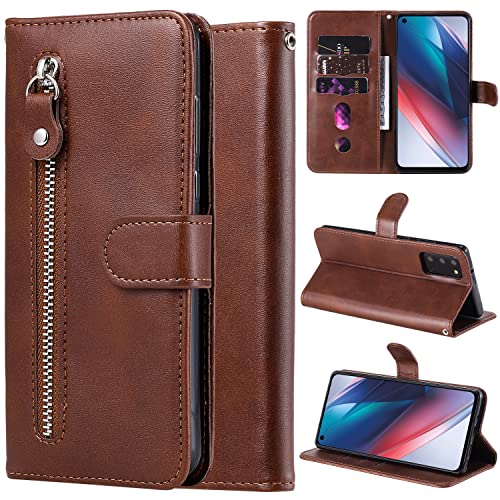 Nothers DodoBuy Reißverschluss Hülle für Oppo Find X3 Lite, Magnetische Flip PU Leder Schutzhülle Zipper Handy Tasche Case Cover Brieftasche Wallet mit Silikon TPU Kartenfächer Stand - Braun von Nothers