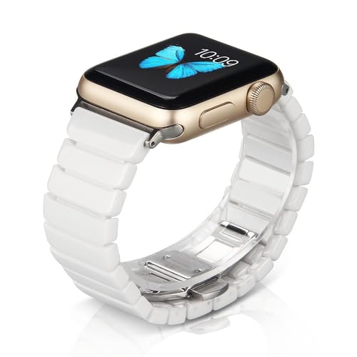 NotoCity Keramik Armband für Apple Watch 38mm 40mm 41mm, Kompatibel mit Series 7 / SE / 6/5 / 4/3/ 2/1 Edelstahl Metall Ersatz Armbänder Damen Herren Weiß von NotoCity