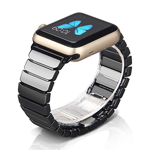 NotoCity Keramik Armband für Apple Watch 42mm 44mm 45mm, Kompatibel mit Series 7 / SE / 6/5 / 4/3/ 2/1 Edelstahl Metall Ersatz Armbänder Damen Herren Schwarz von NotoCity