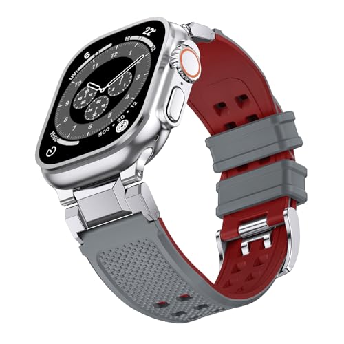 NotoCity für Apple Watch Ultra 2/Ultra 49mm Armband, Kompatibel Mit Series 10/9/8/7/6/5/4/SE/SE2 46mm 45mm 44mm, Silikon für iWatch Series 3/2/1 42mm (Grau+Rot) - Damen und Herren von NotoCity