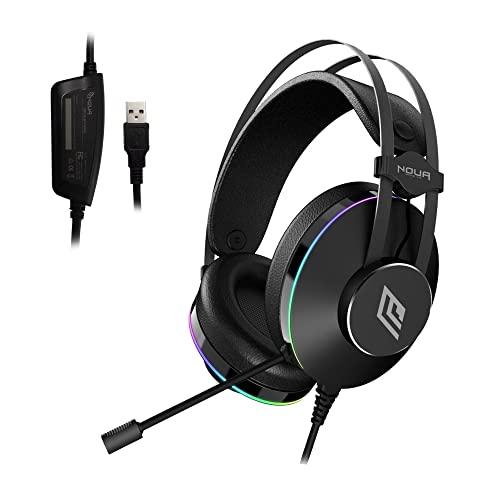 Noua Pillar Gaming Headset USB RGB Rainbow Over-Ear mit 50mm Treiber, Gaming Headset Surround Sound 7.1 mit flexiblem Mikrofon Headset für PC, Mac, Laptop von Noua