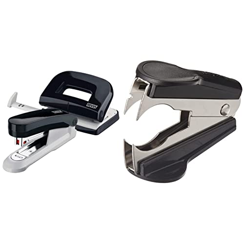 Novus Schreibtisch Set (Heftgerät E 15 mit Locher E 210, inkl. 1000 Heftklammern No. 10) schwarz & Rapid Entklammerer C2 (Metall) schwarz von Novus