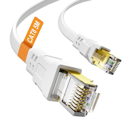 Nowunke Cat 8 LAN Kabel 5meter Weiß Netzwerkkabel 5m Flach Ethernet Kabel Hochgeschwindigkeit 40Gbps 2000MHz Patchkabel, RJ45 Gigabit STP Geschirmt Wlan Internetkabel für Router Modem Switch von Nowunke