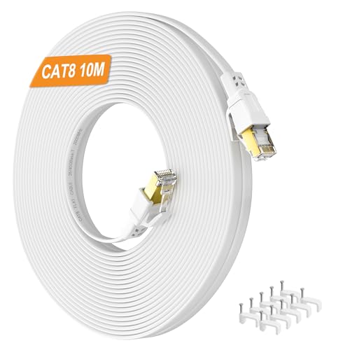 Nowunke LAN Kabel 10meter Cat 8 Netzwerkkabel 10m Flach Ethernet Kabel Weiß Hochgeschwindigkeit 40Gbps 2000MHz Patchkabel, RJ45 Gigabit STP Geschirmt Wlan Internetkabel für Router Modem Switch von Nowunke