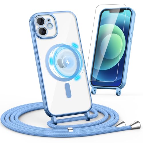 Noyabox HandyKette für iPhone 12/12 Pro Hülle mit Band, 1* Schutzfolie Magnetische Handyhülle für iPhone 12/12 Pro Necklace Schnur Schutzhülle mit Kordel zum Umhängen Case, Blau von Noyabox